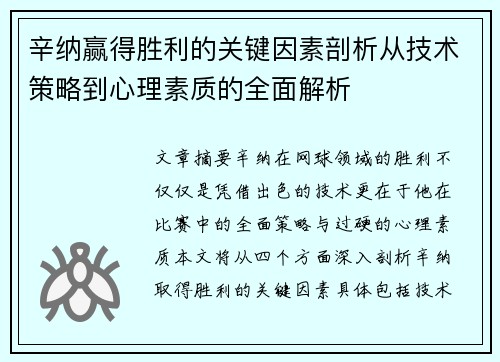 辛纳赢得胜利的关键因素剖析从技术策略到心理素质的全面解析
